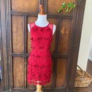 Thistlepearl red lace daisy appliqué sheath dress 4